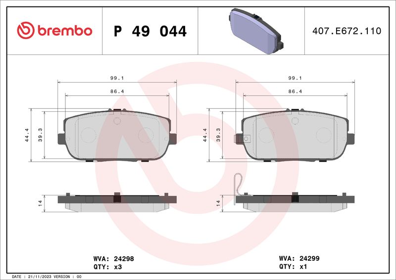 P49044 BREMBO Kit pastiglie freno, Freno a disco 