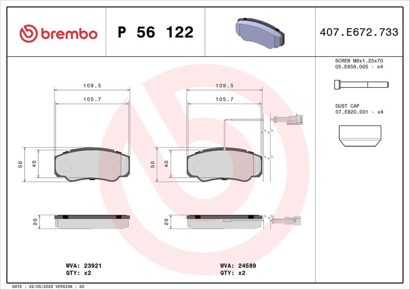 P56122 BREMBO Kit pastiglie freno, Freno a disco 