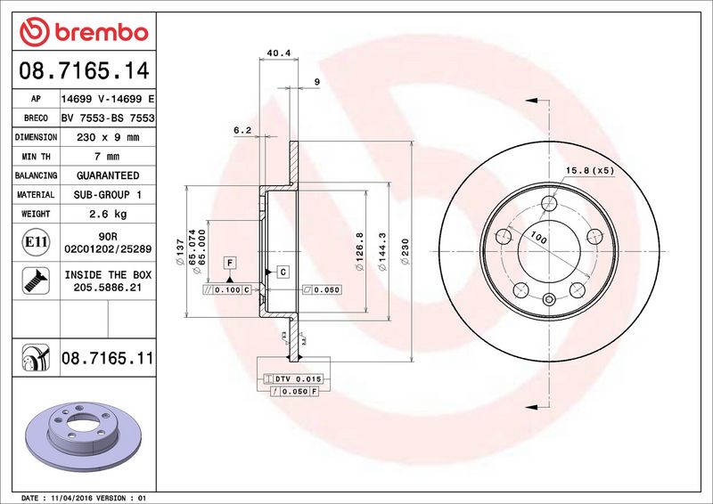 08.7165.14 BREMBO Disco freno 