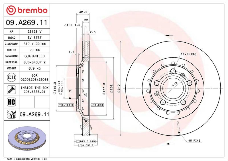09.A269.11 BREMBO Disco freno 