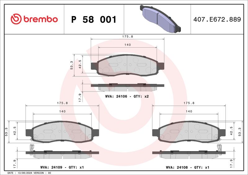 P58001 BREMBO Kit pastiglie freno, Freno a disco 