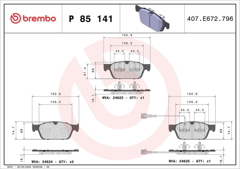 P85141 BREMBO Kit pastiglie freno, Freno a disco 