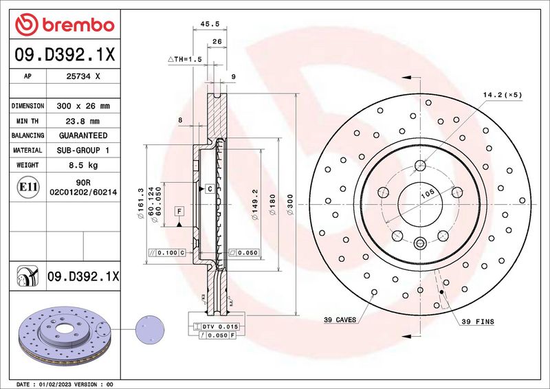 09.D392.1X BREMBO Disco freno 