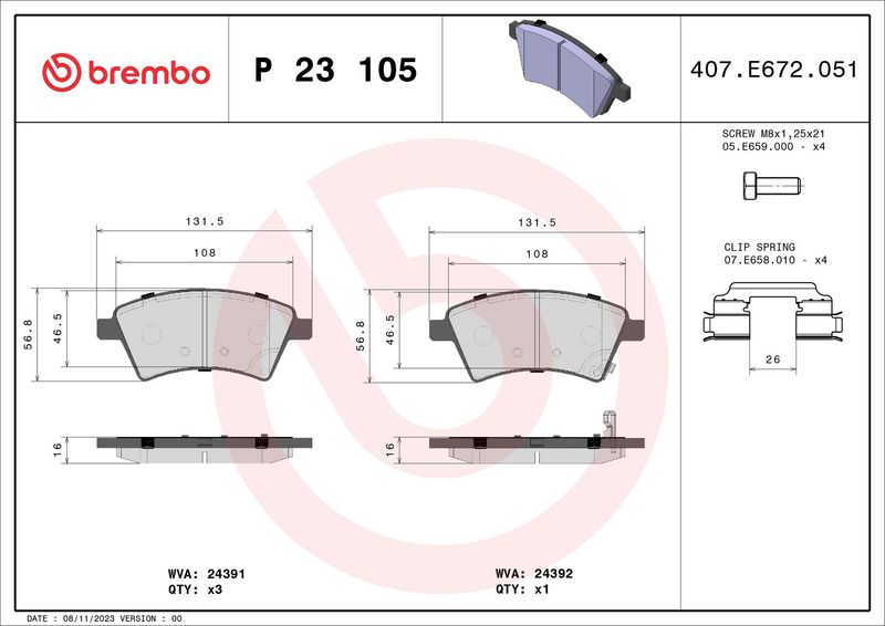 P23105 BREMBO Kit pastiglie freno, Freno a disco 