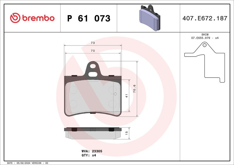 P61073 BREMBO Kit pastiglie freno, Freno a disco 