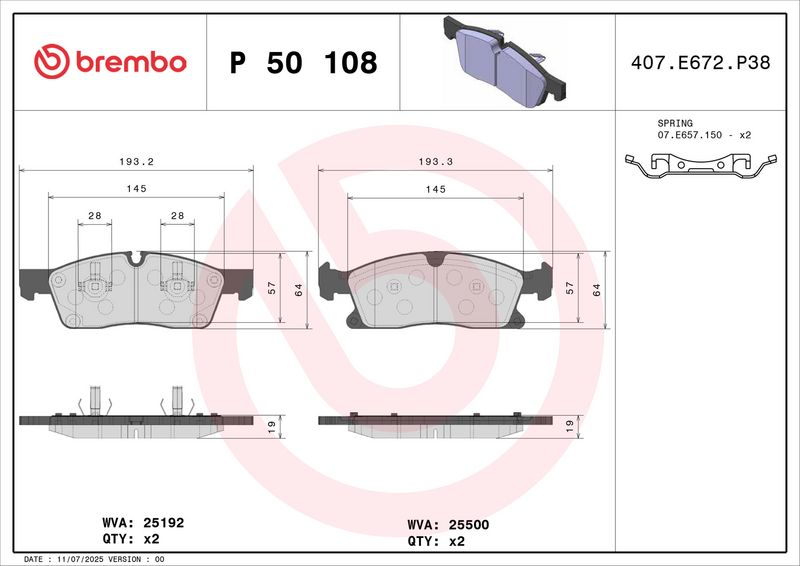 P50108 BREMBO Kit pastiglie freno, Freno a disco 