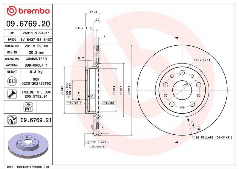 09.6769.20 BREMBO Disco freno 