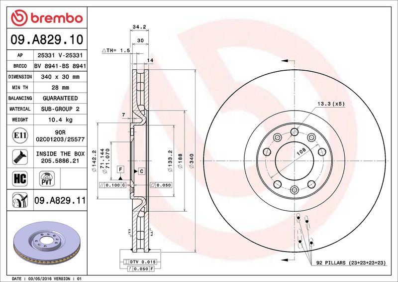 09.A829.10 BREMBO Disco freno 