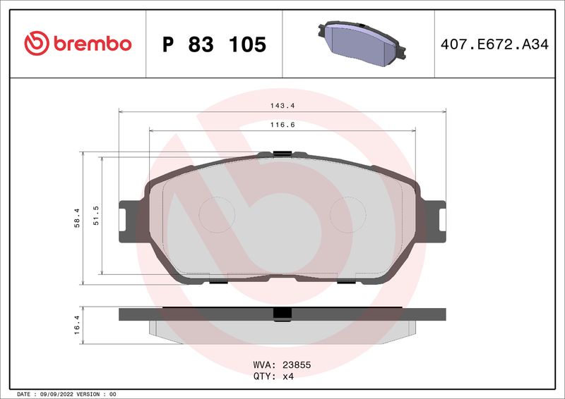 P83105 BREMBO Kit pastiglie freno, Freno a disco 