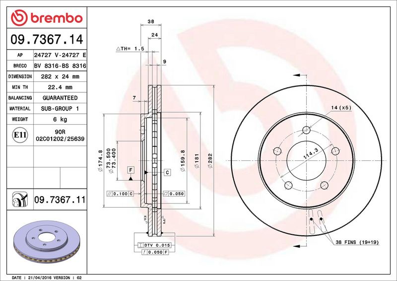 09.7367.14 BREMBO Disco freno 