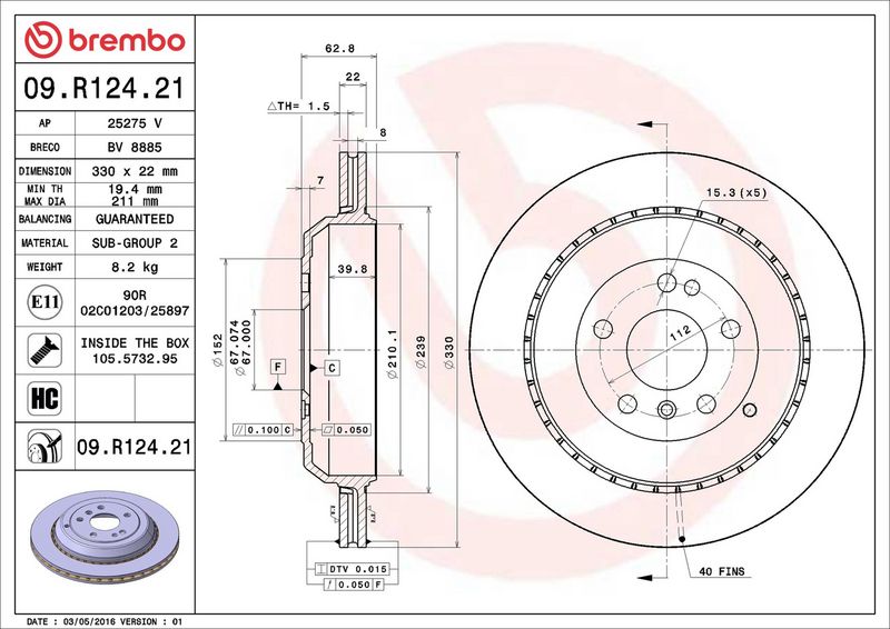 09.R124.21 BREMBO Disco freno 