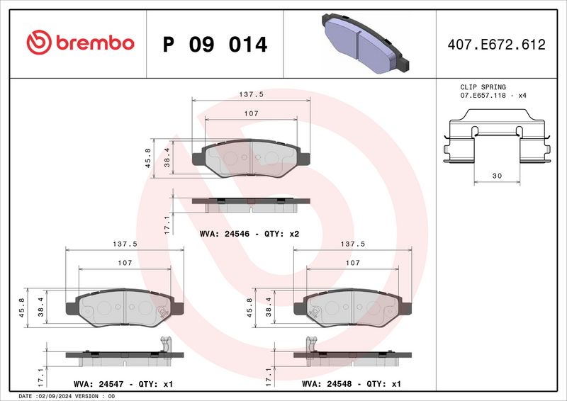 P09014 BREMBO Kit pastiglie freno, Freno a disco 