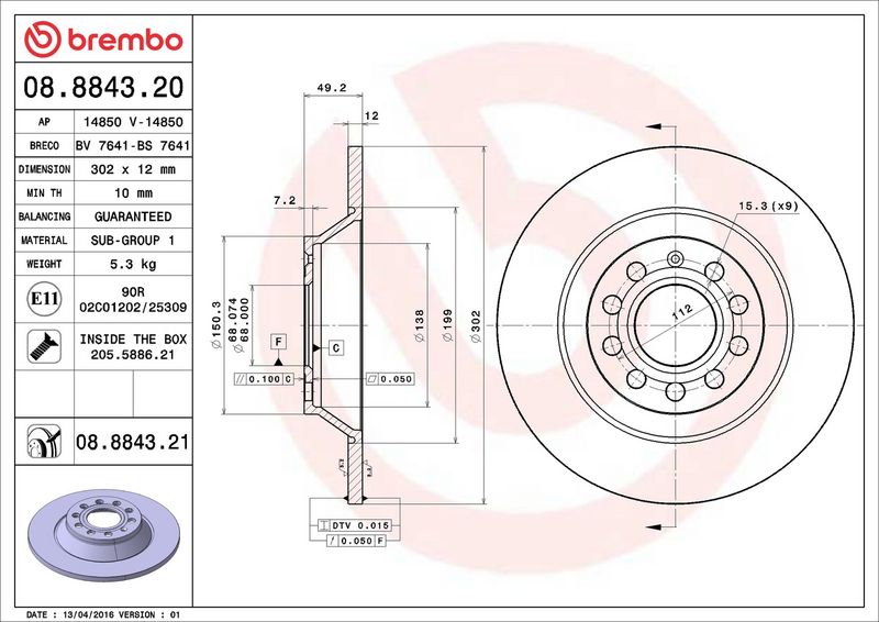 08.8843.21 BREMBO Disco freno 