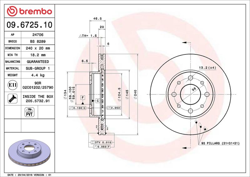 09.6725.10 BREMBO Disco freno 