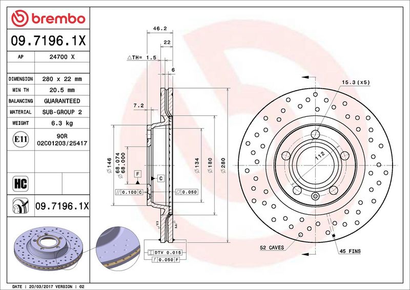 09.7196.1X BREMBO Disco freno 