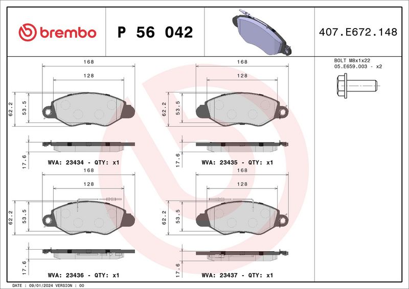 P56042 BREMBO Kit pastiglie freno, Freno a disco 