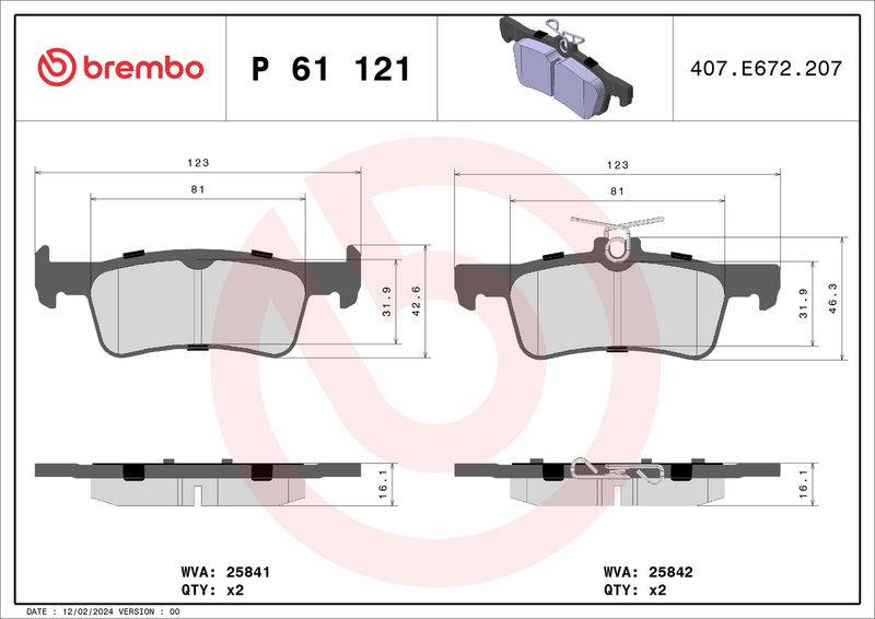 P61121 BREMBO Kit pastiglie freno, Freno a disco 
