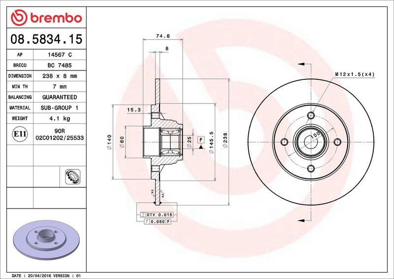 08.5834.15 BREMBO Disco freno 