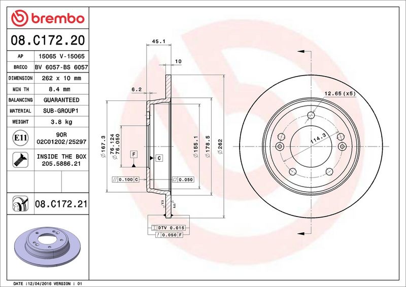 08.C172.20 BREMBO Disco freno 