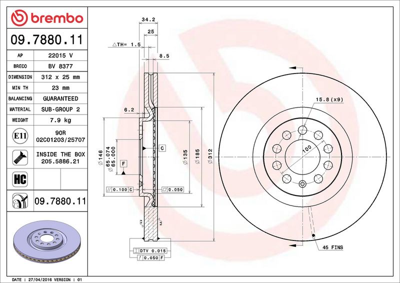 09.7880.11 BREMBO Disco freno 