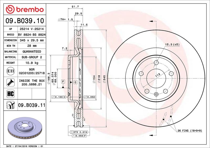 09.B039.10 BREMBO Disco freno 