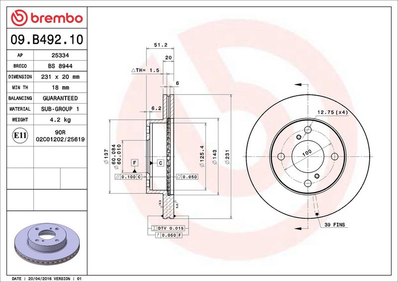09.B492.10 BREMBO Disco freno 