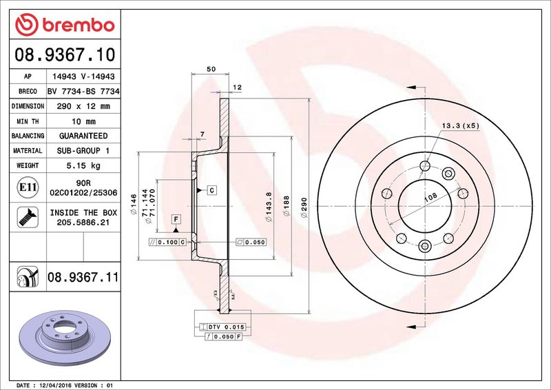 08.9367.11 BREMBO Disco freno 