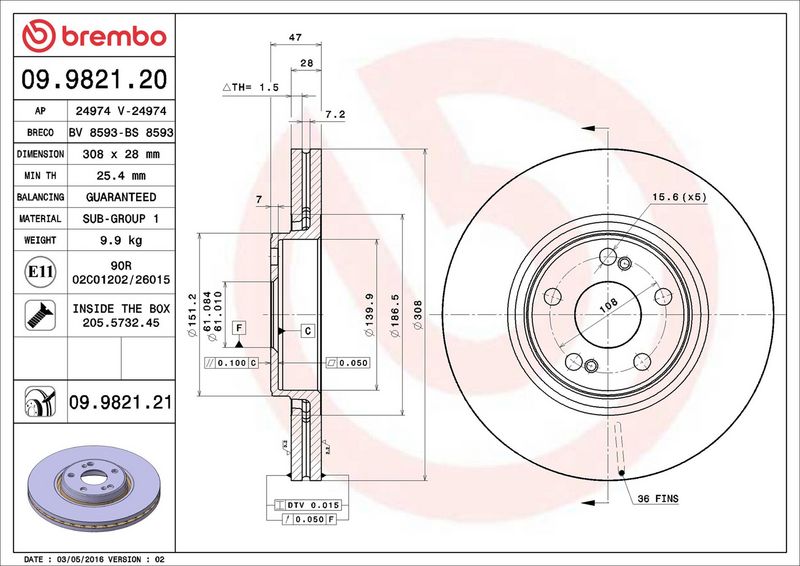 09.9821.21 BREMBO Disco freno 