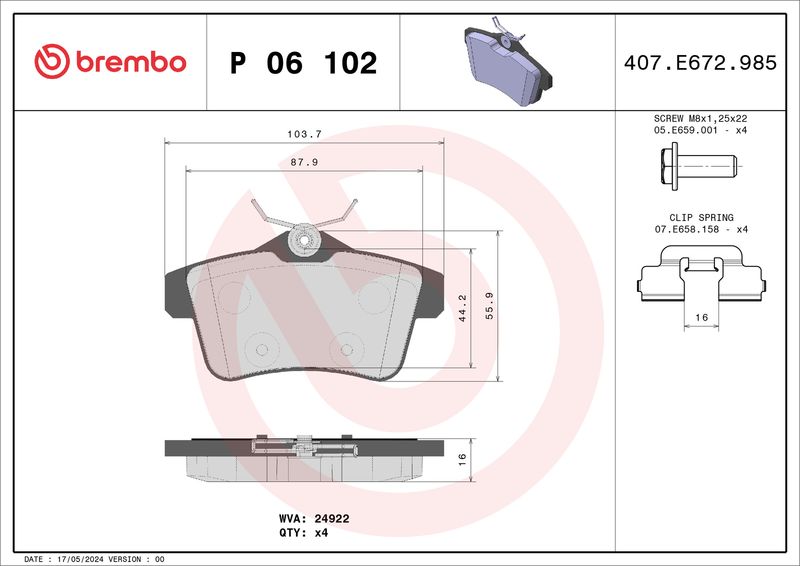 P06102 BREMBO Kit pastiglie freno, Freno a disco 