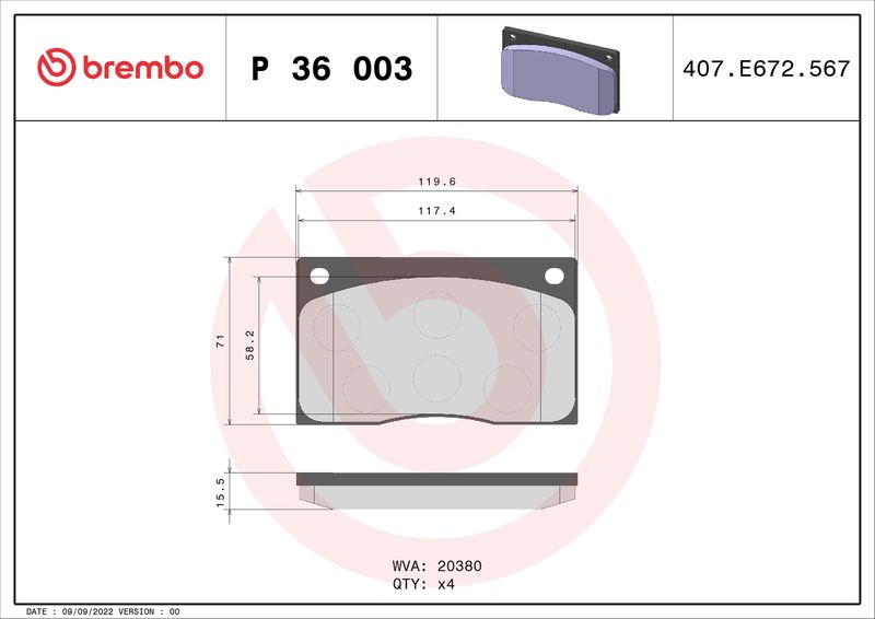 P36003 BREMBO Kit pastiglie freno, Freno a disco 