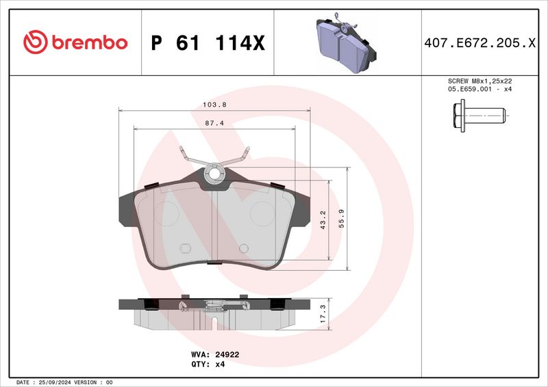 P61114X BREMBO Kit pastiglie freno, Freno a disco 