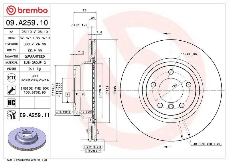 09.A259.11 BREMBO Disco freno 