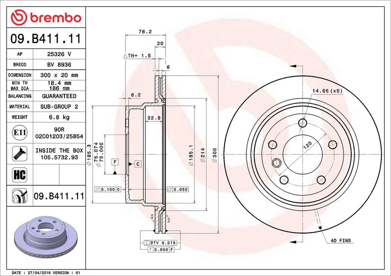 09.B411.11 BREMBO Disco freno 