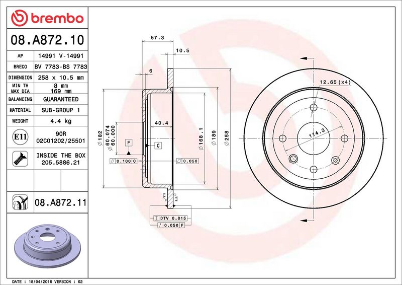 08.A872.11 BREMBO Disco freno 