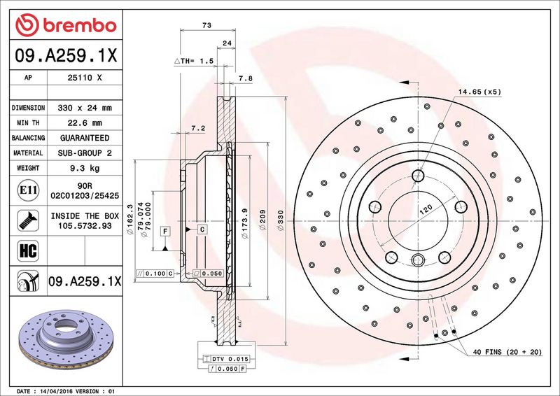09.A259.1X BREMBO Disco freno 