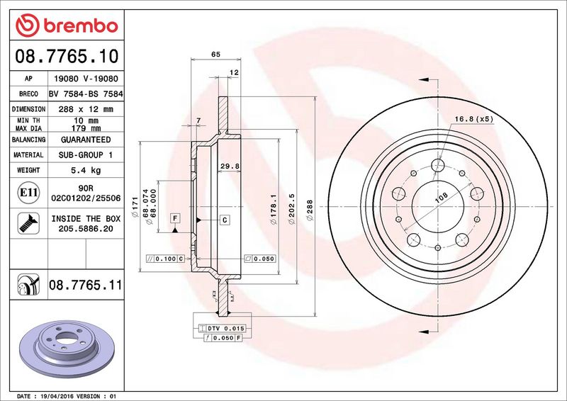 08.7765.11 BREMBO Disco freno 