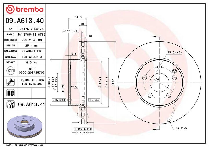 09.A613.41 BREMBO Disco freno 
