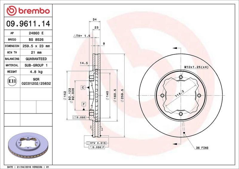 09.9611.14 BREMBO Disco freno 