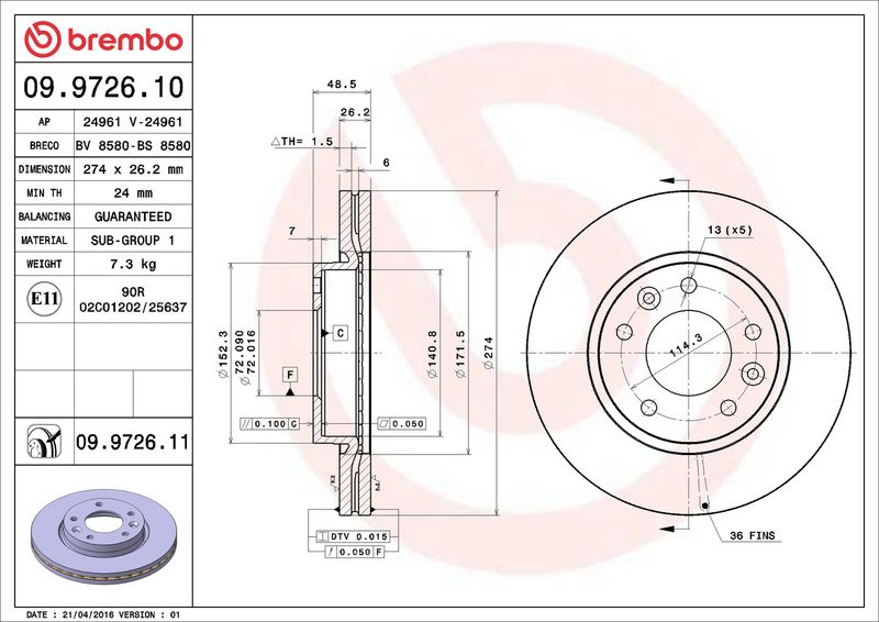 09.9726.10 BREMBO Disco freno 