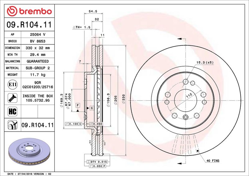 09.R104.11 BREMBO Disco freno 
