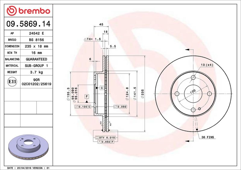 09.5869.14 BREMBO Disco freno 