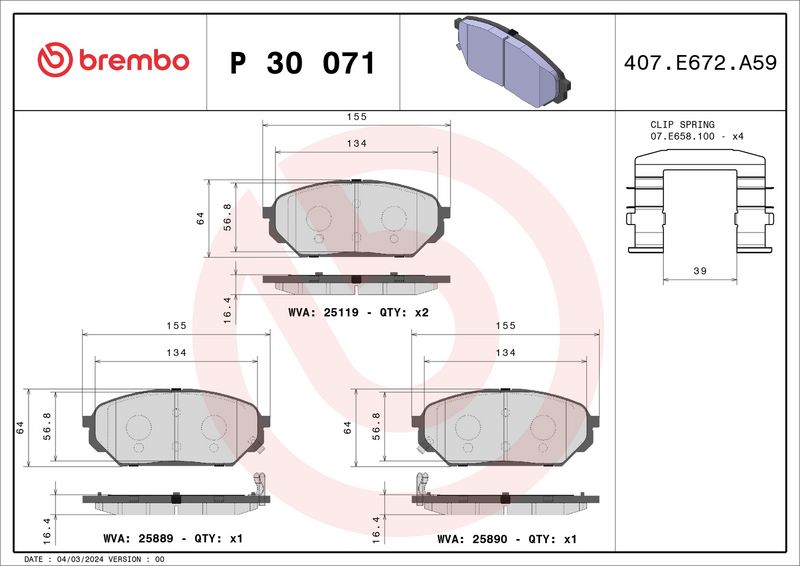 P30071 BREMBO Kit pastiglie freno, Freno a disco 