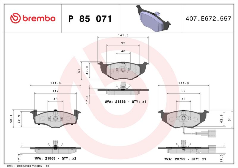 P85071 BREMBO Kit pastiglie freno, Freno a disco 
