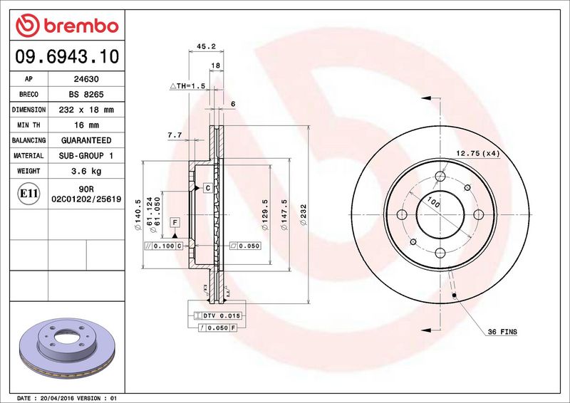 09.6943.10 BREMBO Disco freno 