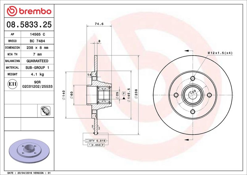 08.5833.25 BREMBO Disco freno 