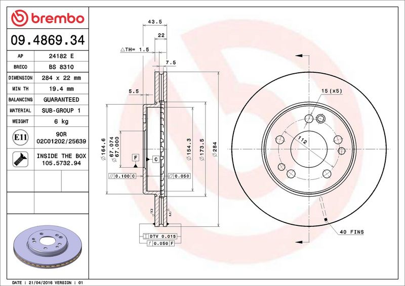 09.4869.34 BREMBO Disco freno 