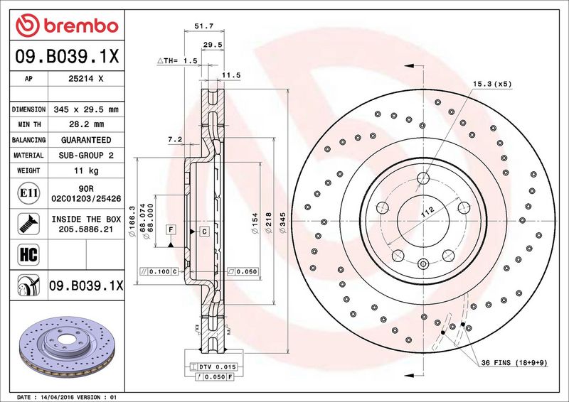 09.B039.1X BREMBO Disco freno 