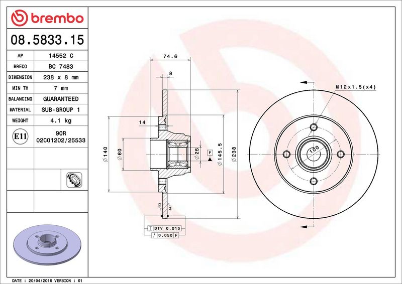 08.5833.15 BREMBO Disco freno 