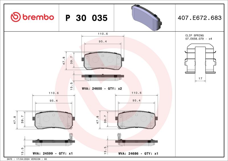 P30035 BREMBO Kit pastiglie freno, Freno a disco 