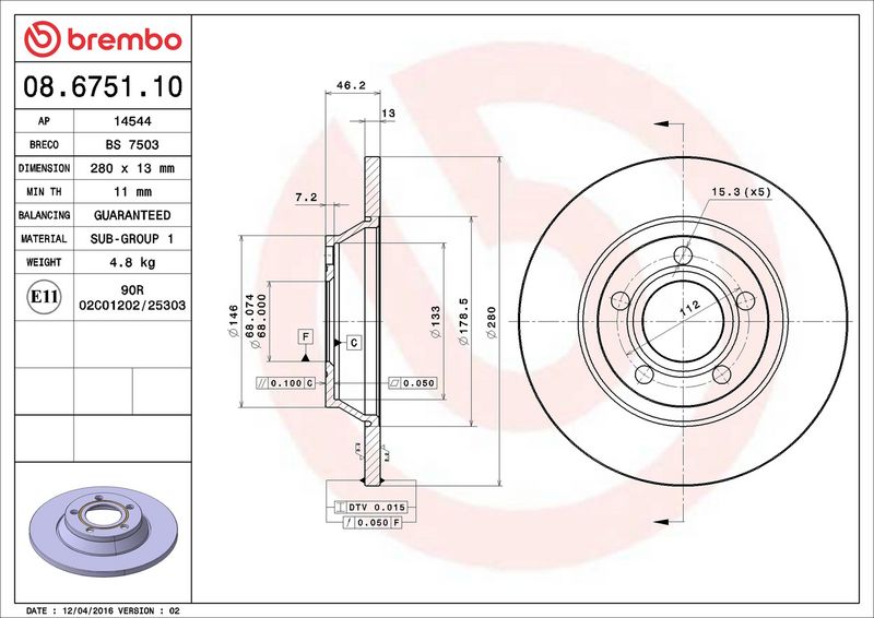 08.6751.10 BREMBO Disco freno 